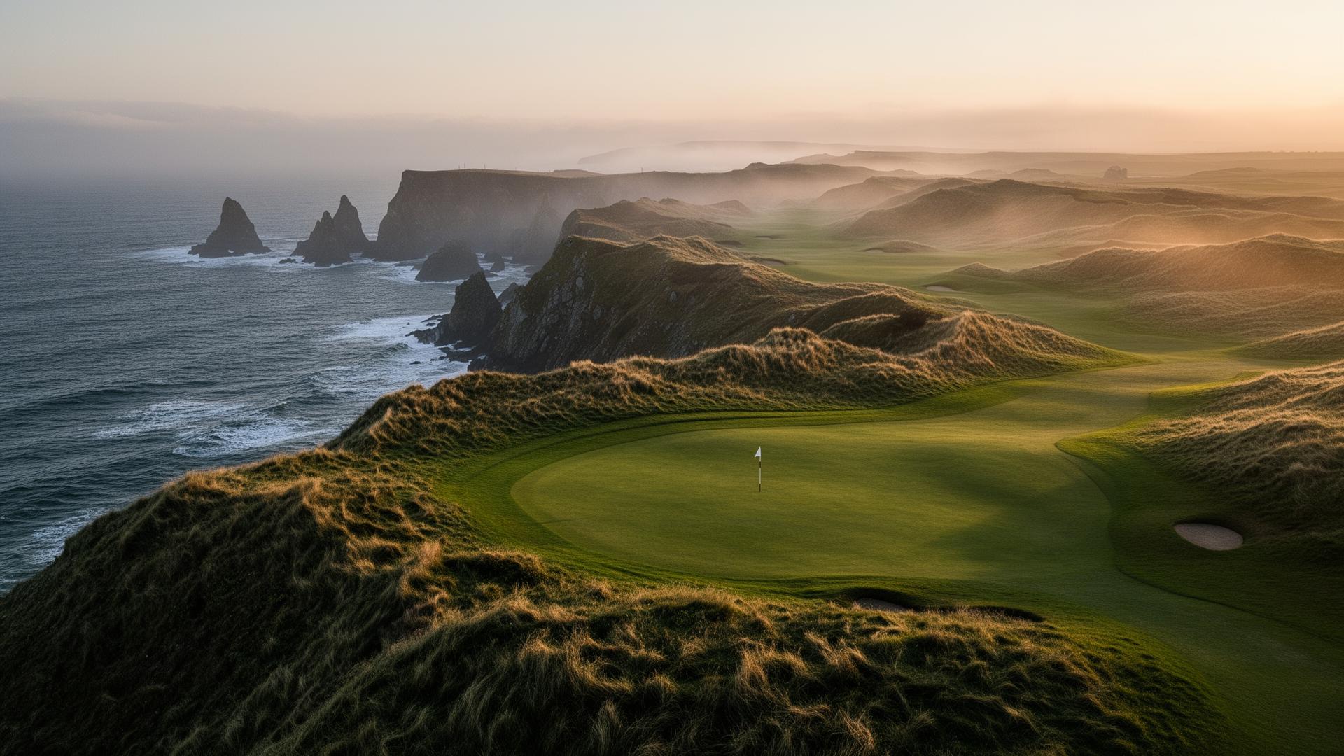 Aerial of an Irish links course at sunrise