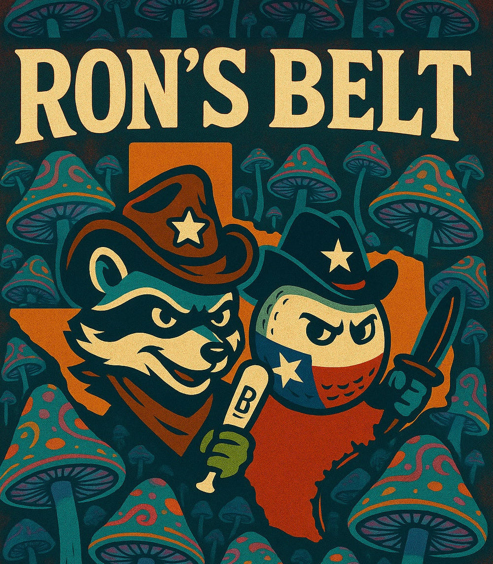 Illustration of two animals in cowboy hats with a belt buckle, surrounded by mushrooms, on a dark background.